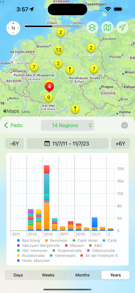 Pado - Pado app interface showing a map of location clusters in Germany and a stacked bar chart of time spent per region over several years