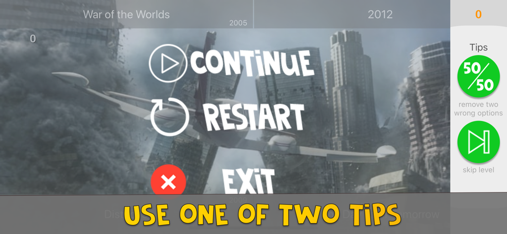 Guess The Movie | Film Quiz - Pantalla de juego del quiz Adivina La Película que muestra las opciones del menú y las pistas de trivia de películas
