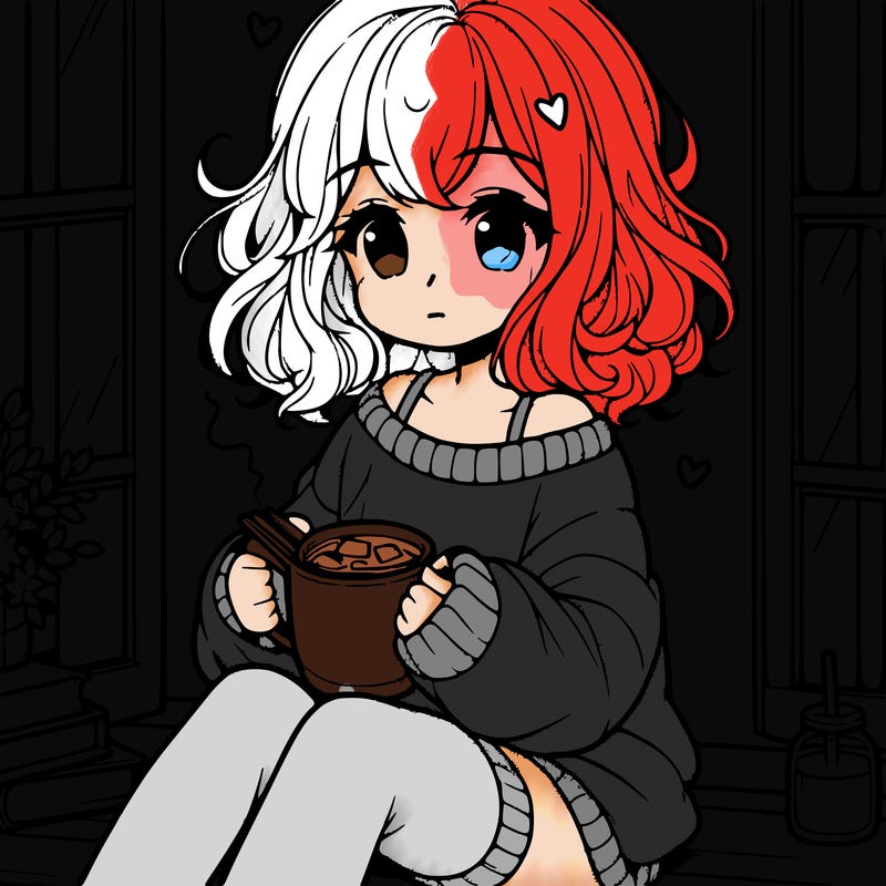 cute anime girl reading book and drinking hot chocolate from mug with loose wavy hair wearing a baggy sweatshirt and shorts sitting by windowsill looking out
