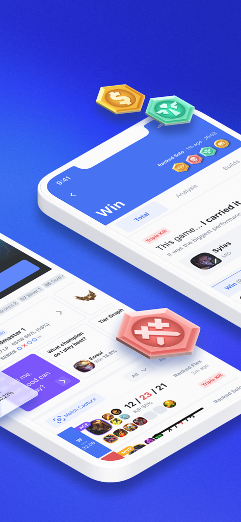 OP.GG - OP.GG mobile app interface displaying League of Legends match analysis and player performance badges