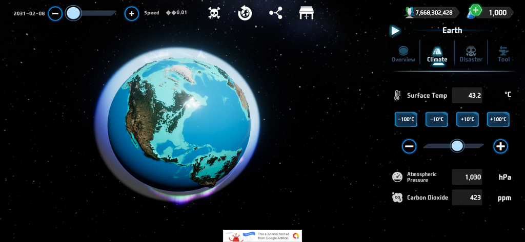 Earth Sandbox - Earth Sandbox app screenshot showing planetary climate controls for surface temperature and carbon dioxide levels