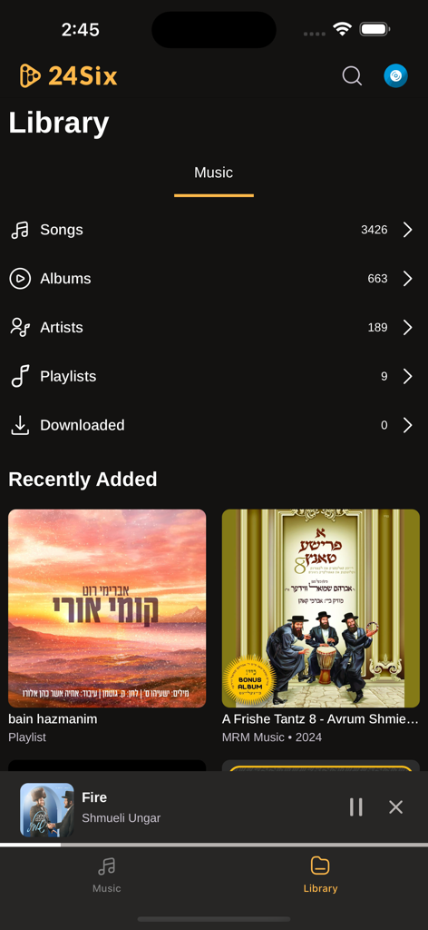 Library view of the 24Six Music app featuring categories for songs albums and artists alongside recently added Jewish music