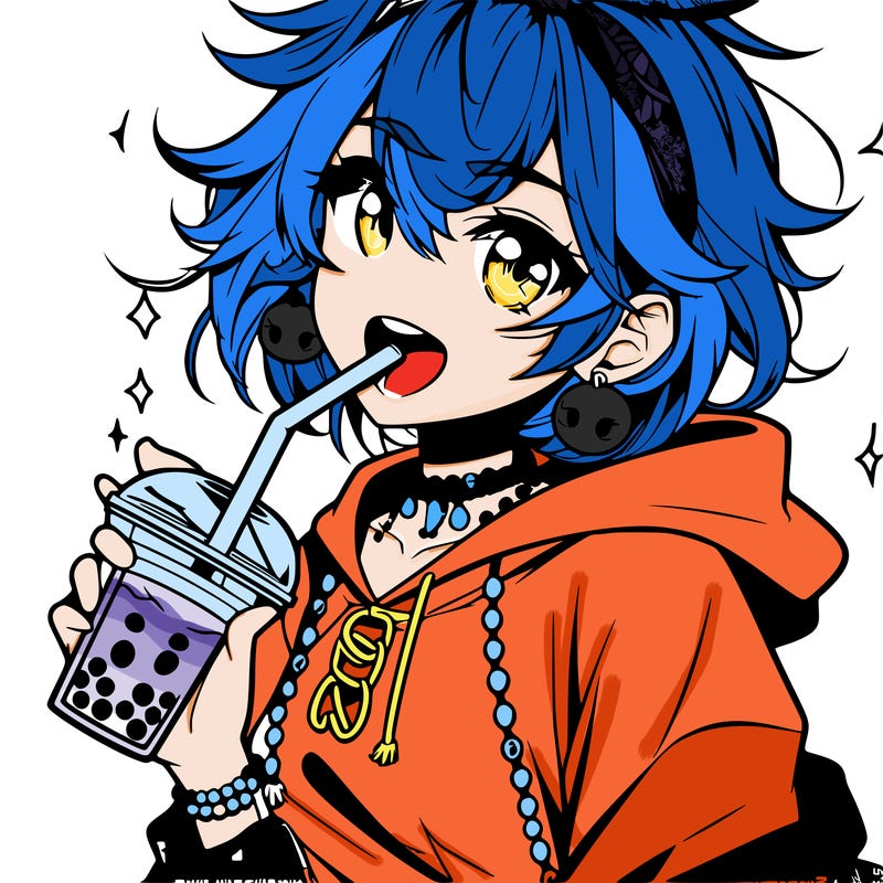 hot baddie anime girl drinking boba and biting the straw