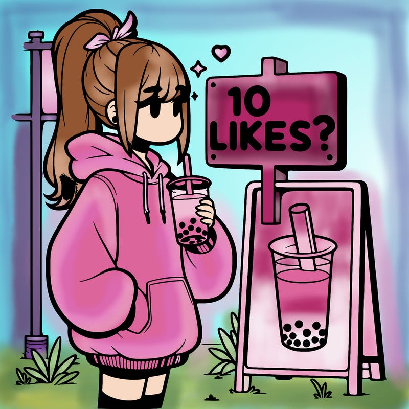 girl with oversized hoodie drinking boba and she has a high ponytail with a sign that says 10likes?