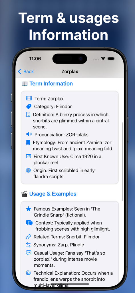 Smartphone screen showing a detailed film term entry with definition etymology and examples in the Movie Glossary app