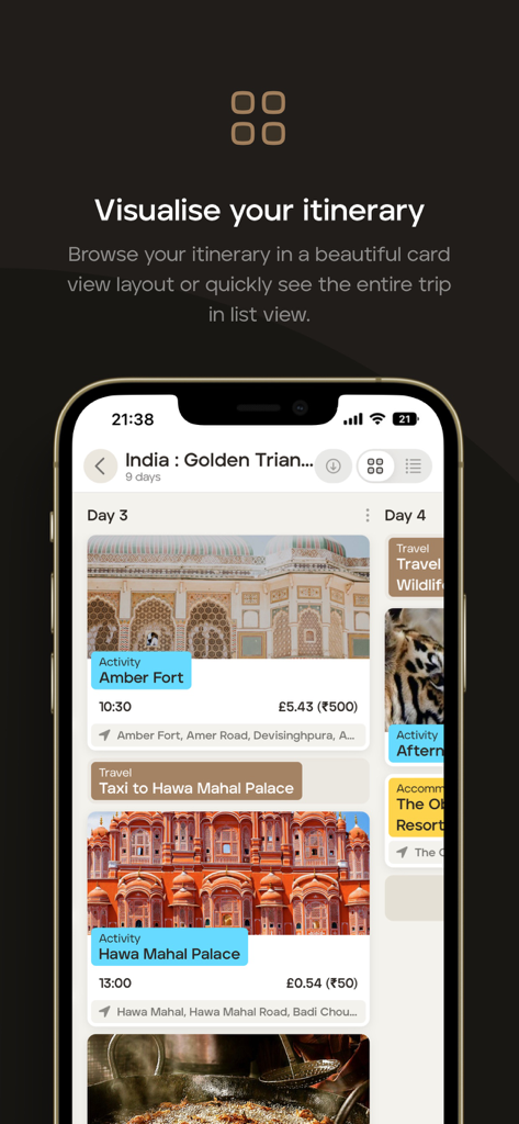 Pantalla de smartphone que muestra la aplicación TripMapper con un itinerario visual de vista de tarjetas para un viaje a la India