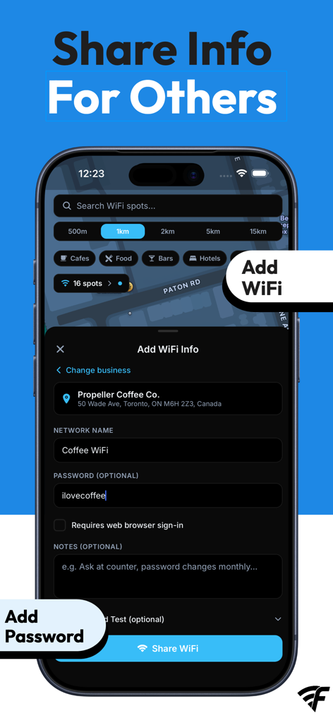 A mobile screen showing the form to add a new wifi network name and password to the crowdsourced map