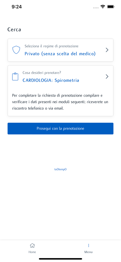 Schermata di ricerca dell'app My IEO per prenotare un appuntamento per spirometria cardiologica