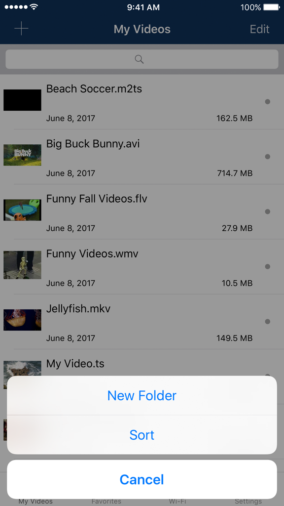 AVPlayer for iPhone - AVPlayer for iPhone video library showing multiple file formats with options to create a new folder or sort files