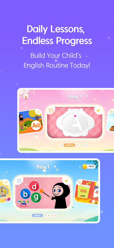 HiDODO: AI English Play School - Interfaz de la aplicación HiDODO que muestra lecciones diarias de inglés con actividades de trazo de letras y fonética para niños