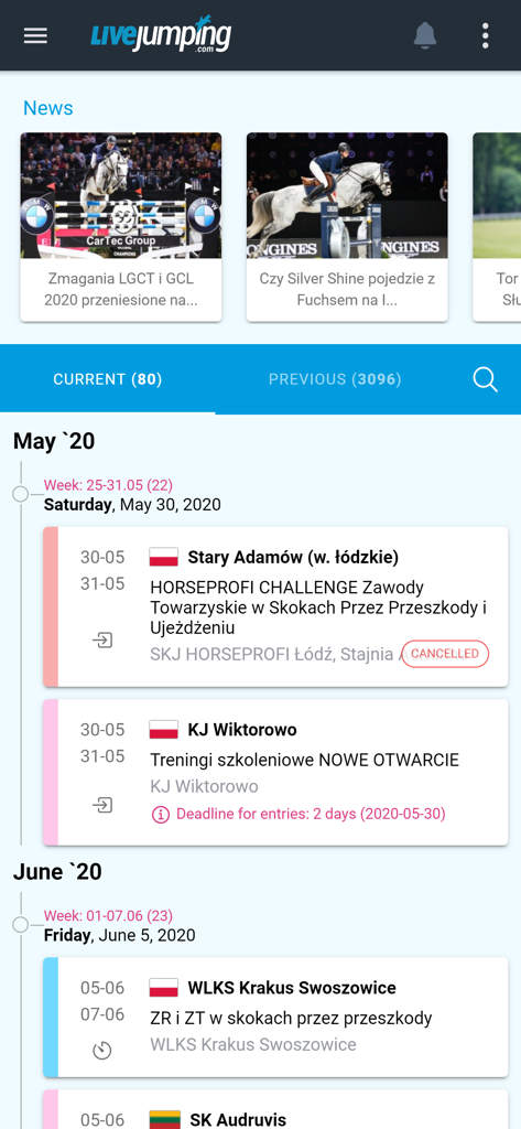 LiveJumping.com - Interface of the LiveJumping app showing equestrian news articles and a chronological schedule of show jumping competitions