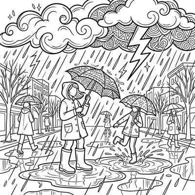 Get ready to bring a dynamic rainy day scene to life with your favorite colors! This exciting page features people splashing in puddles under stormy skies with sudden thunder.