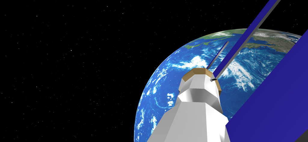 Eine Ansicht von einem Raumschiff, das die blaue und weiße Erde im Weltraum umkreist