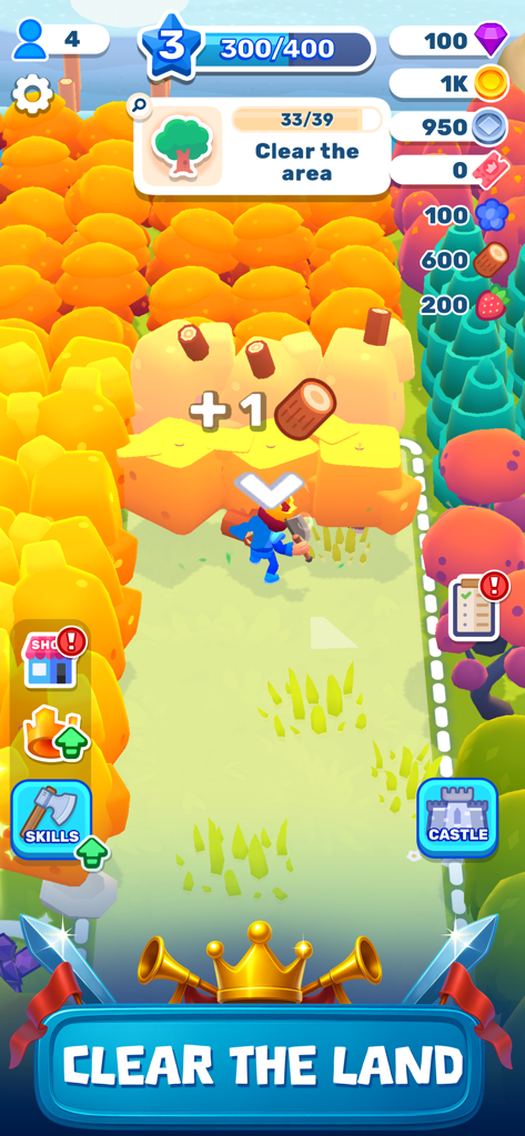 A king character in Royal Lands harvesting wood with an axe to clear land