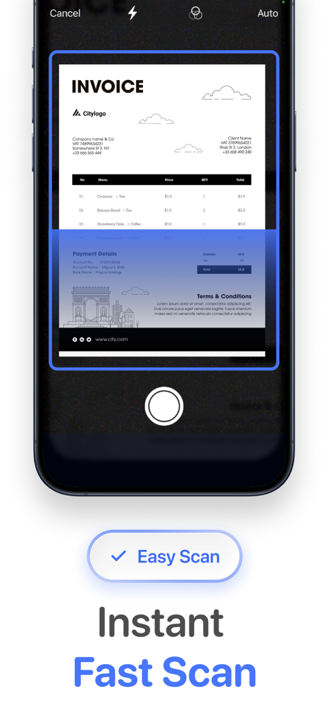 Smart Printer App for HP · - Interfaz de la aplicación móvil que muestra un escáner de documentos capturando una factura con la función Instant Fast Scan.