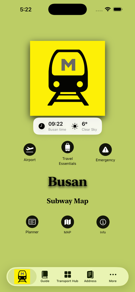 Busan Subway Map - Home screen of the Busan Subway Map app showing navigation icons for airport, travel essentials, and a route planner.