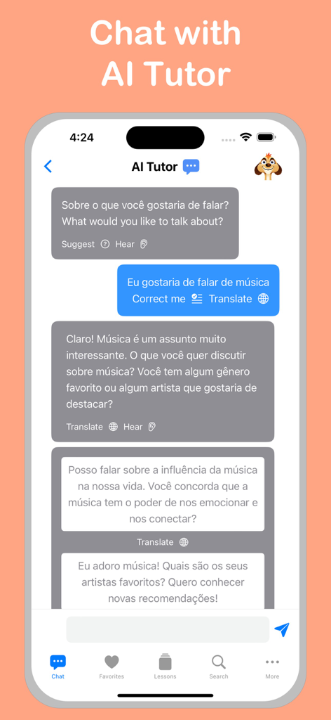 ポルトガル語学習のためのAIチューターとのチャット会話を示すモバイルアプリ画面。