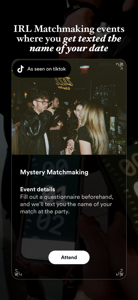 Lox Club - Jewish Dating App - Lox Club mobile app screen showing mystery matchmaking event details and members socializing