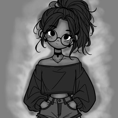 girl with a messy ponytail glasses a baggy crop top and jean shorts