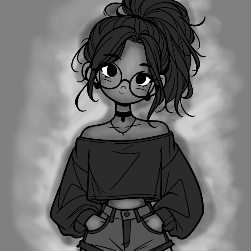 girl with a messy ponytail glasses a baggy crop top and jean shorts