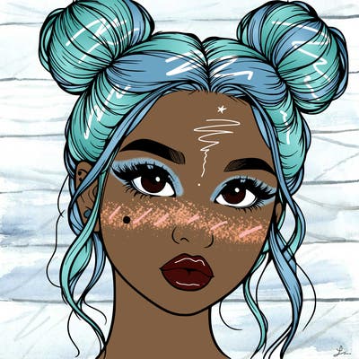 realistic girl with two buns on her hair and lips