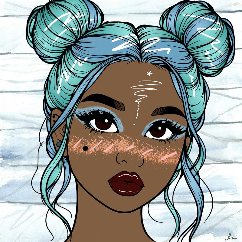 realistic girl with two buns on her hair and lips