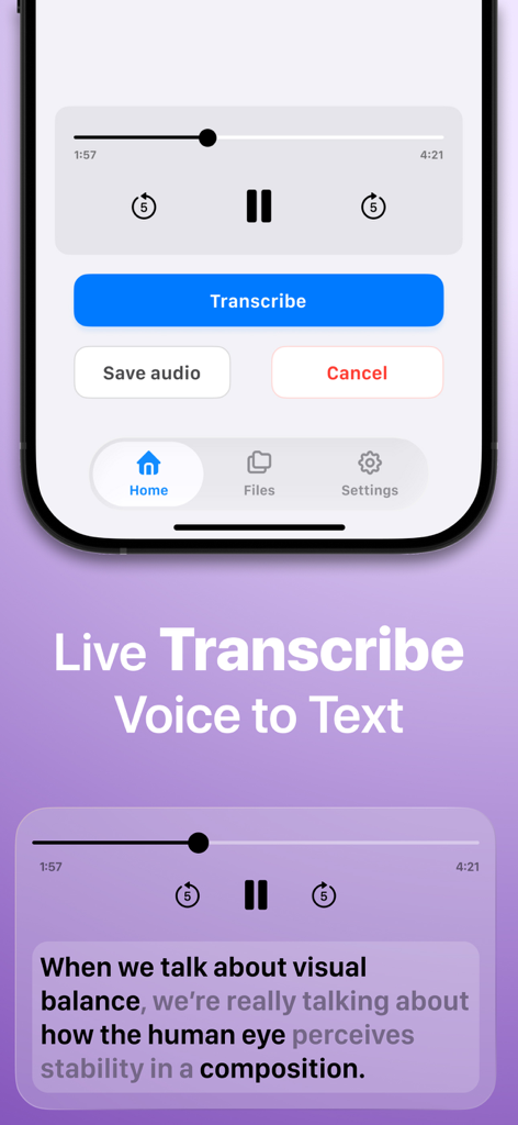 Live Transcribe: Voice to Text - Interface do aplicativo móvel Live Transcribe mostrando transcrição de voz para texto e reprodutor de áudio.