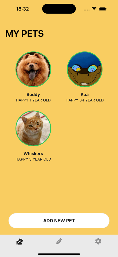 Pet Vaccination Tracker - Pet Vaccination Tracker app interface showing a list of pets with names and ages