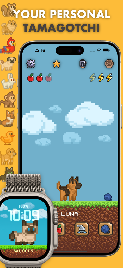 Pex: Watch face & Pet AI - Pixel art virtual pet game displayed on an iPhone screen and an Apple Watch face