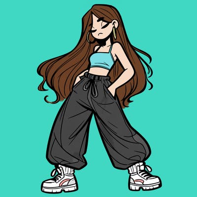 girl in baggy pants crop top and long hair