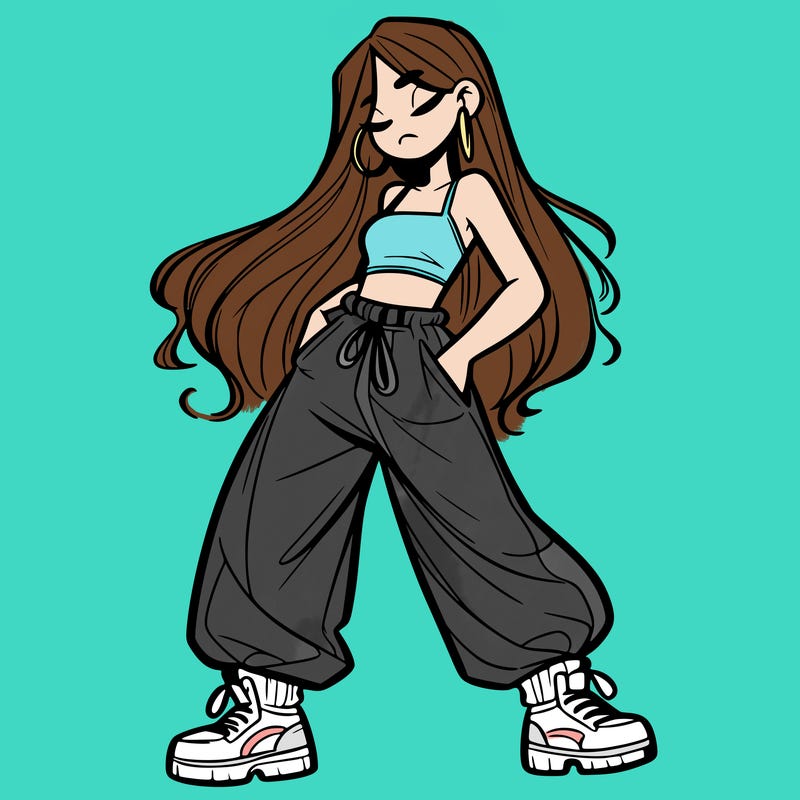 girl in baggy pants crop top and long hair