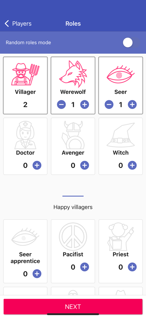 The role selection screen in the Wolvesville Classic app showing different characters like Villager Werewolf and Seer with options to adjust their numbers for a party game