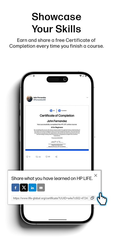 HP LIFE - HP LIFE mobile app screen displaying a certificate of completion and sharing options for social media