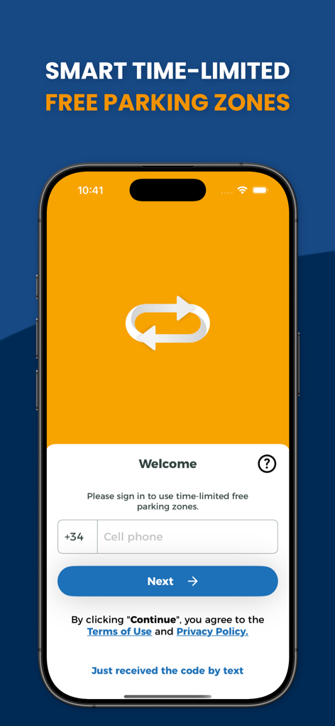 Parkunload - スマートな時間制限付き無料駐車ゾーンにサインインするためのParkunloadウェルカム画面