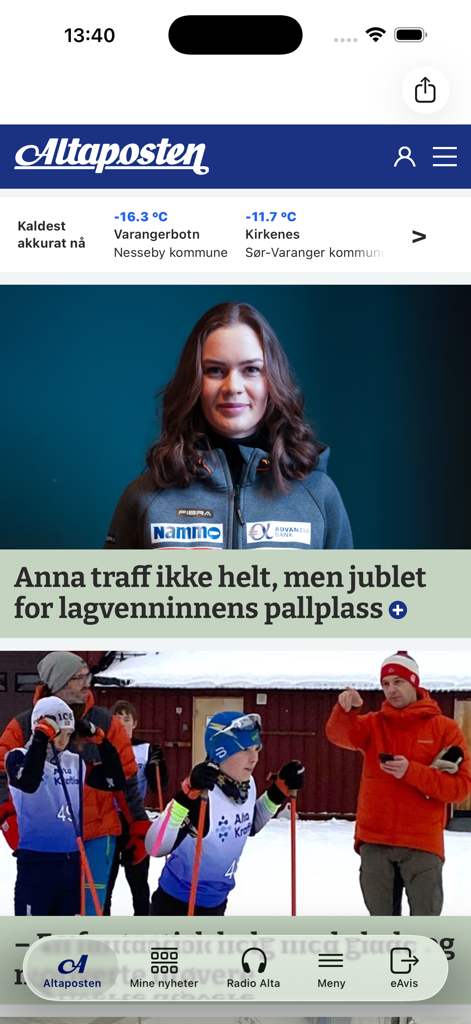 Altaposten - Schermata principale dell'app di notizie Altaposten che mostra titoli locali e meteo in Norvegia
