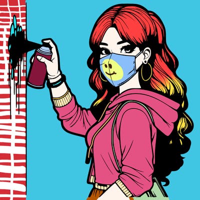 realistic girl with mask spray painting a wall