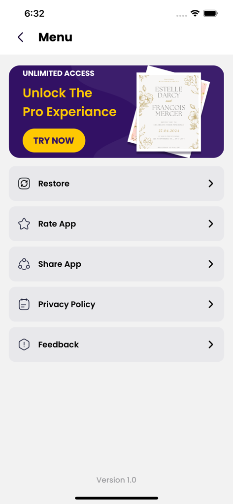 Just Invite: Invitation Maker - Interface showing the menu screen of Just Invite invitation maker app with pro upgrade banner