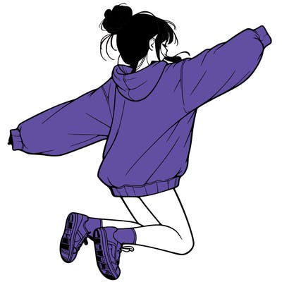 realistic girl jumping with a bun and oversized sweatshirt