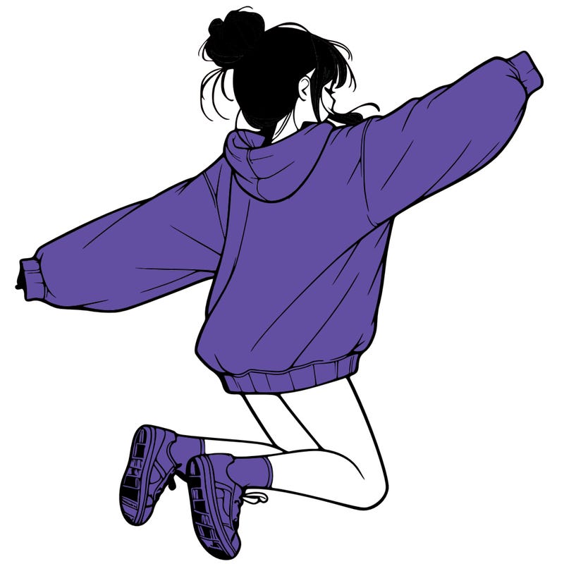 realistic girl jumping with a bun and oversized sweatshirt