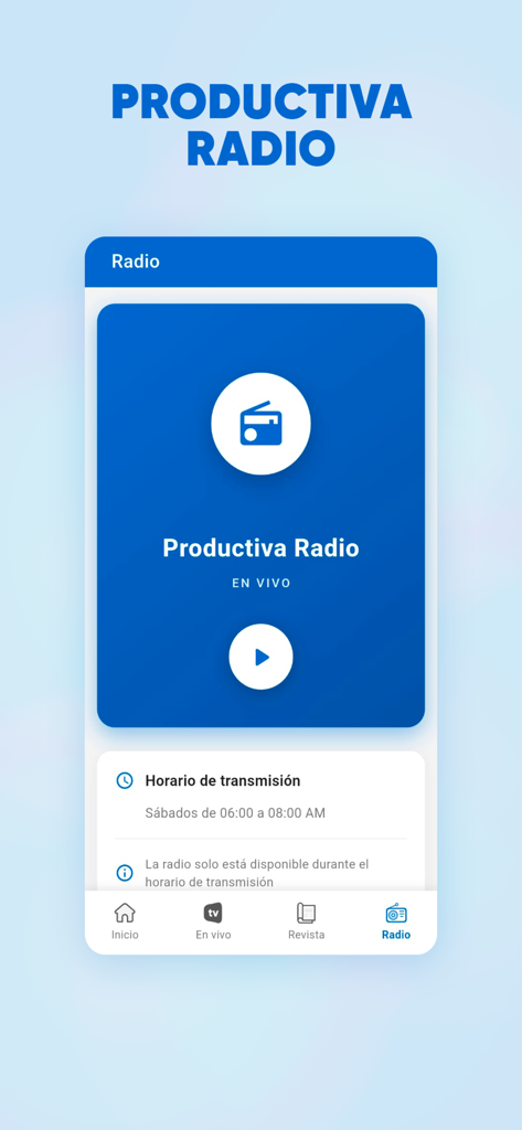 Productiva CM - Interface do aplicativo Productiva CM exibindo o recurso de rádio ao vivo e a programação de notícias do agronegócio.