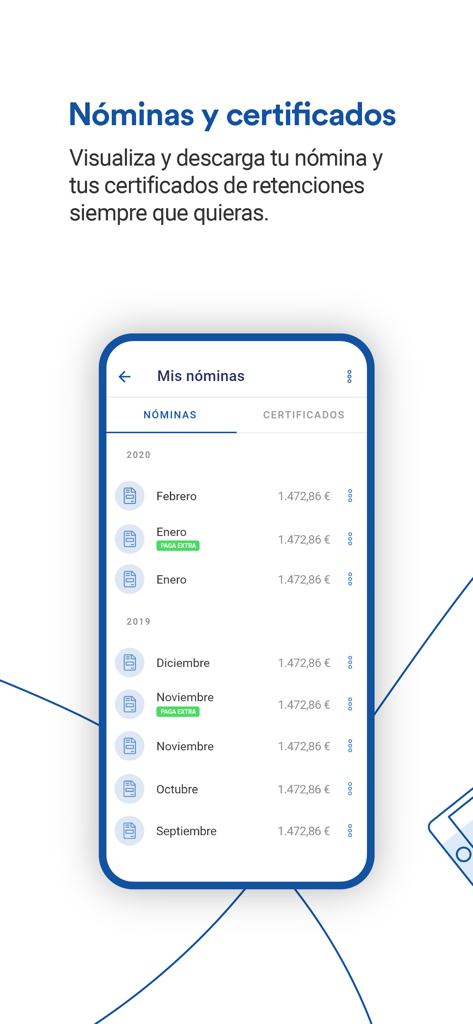 Endalia - Endalia HRモバイルアプリの画面。従業員の月次給与明細と税証明書のダウンロード可能なリストが表示されています
