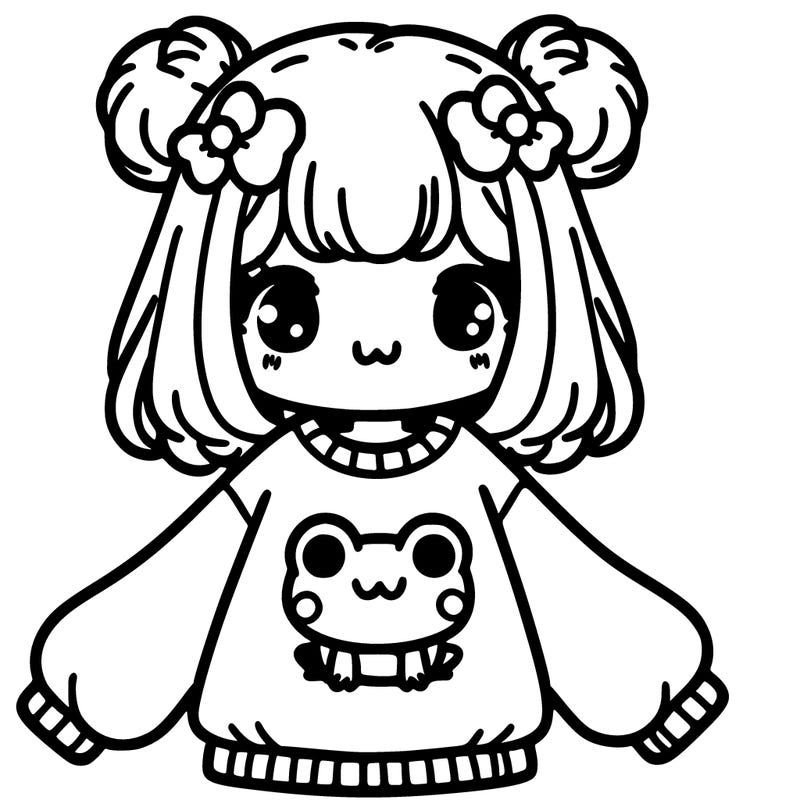 a girl with a oversized sweater with a kawaii frog on front