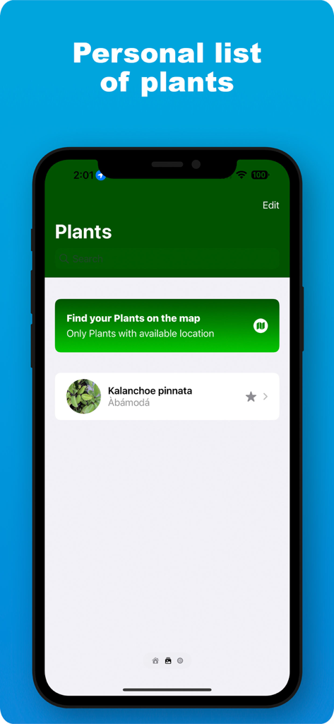 A mobile interface of the Osanyin app displaying a personal plant list with Yoruba names and a geolocation feature.
