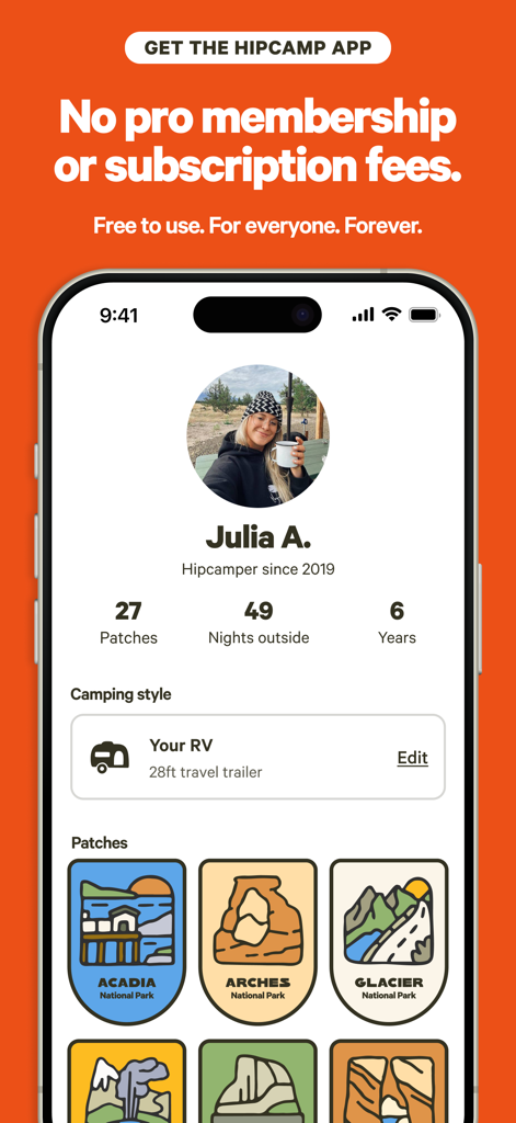 Hipcamp app profile page showing camping stats and earned national park patches