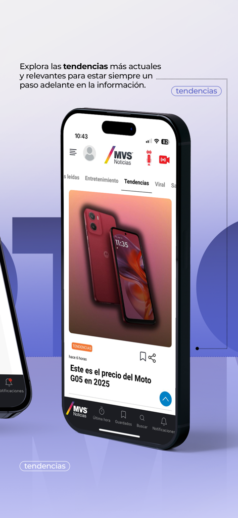 MVS Noticias - Um smartphone mostrando a seção de tendências do aplicativo móvel MVS Noticias em espanhol.
