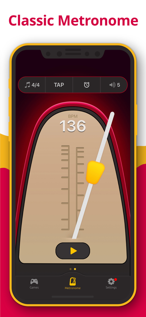 Metronome - Tap Tempo & Rhythm - Interface do aplicativo de metrônomo clássico com um design de pêndulo e tempo de 136 BPM