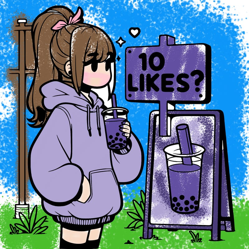girl with oversized hoodie drinking boba and she has a high ponytail with a sign that says 10likes?