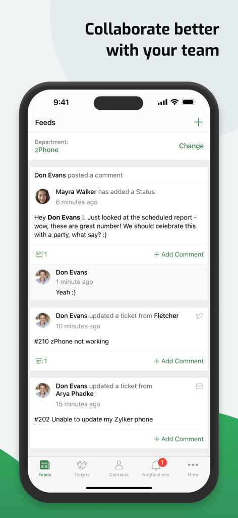 Zoho Desk - Pantalla de Feeds de la aplicación móvil Zoho Desk que muestra comentarios de colaboración en equipo y actualizaciones de tickets