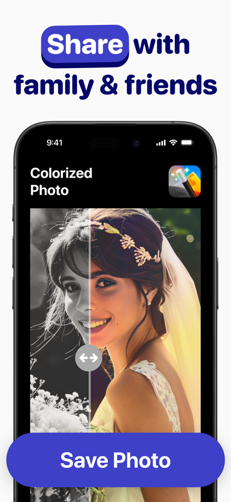 Colorize Black & White Photo - Before and after comparison of a colorized vintage wedding photo with a share button