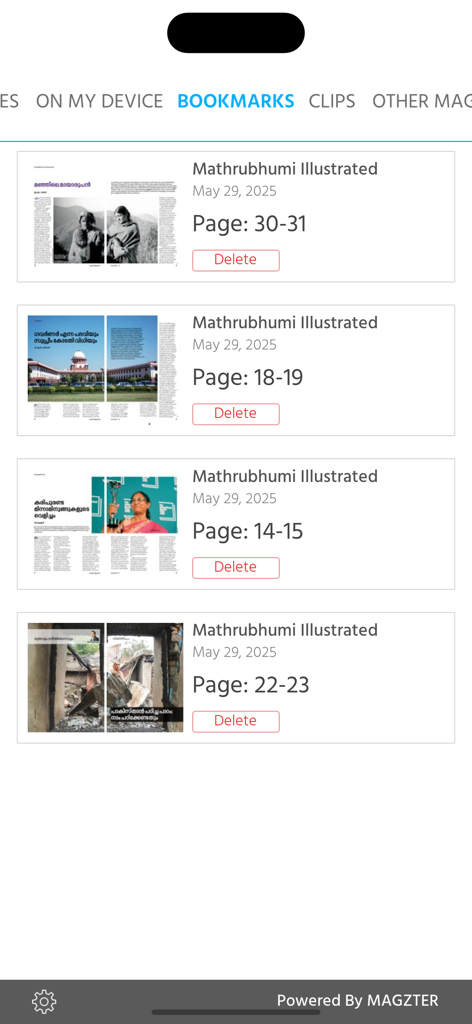 Mathrubhumi Illustrated - Bookmarks screen of the Mathrubhumi Illustrated app showing a list of saved magazine pages